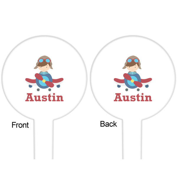 Airplane & Pilot White Plastic 6" Food Pick - Round - Double Sided - Front & Back