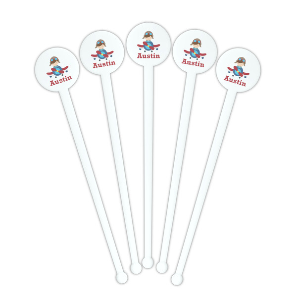 Airplane & Pilot White Plastic 7" Stir Stick - Round - Fan View