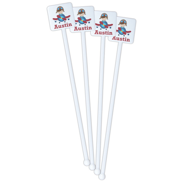Airplane & Pilot White Plastic Stir Stick - Double Sided - Square - Front