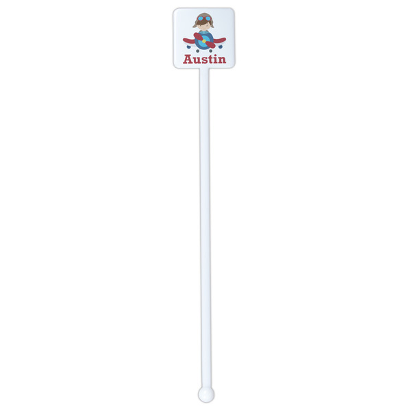 Airplane & Pilot White Plastic Stir Stick - Double Sided - Square - Single Stick