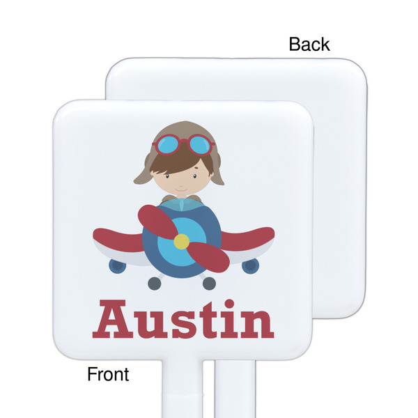 Airplane & Pilot White Plastic Stir Stick - Single Sided - Square - Approval