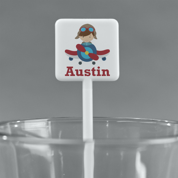 Airplane & Pilot White Plastic Stir Stick - Square - Main
