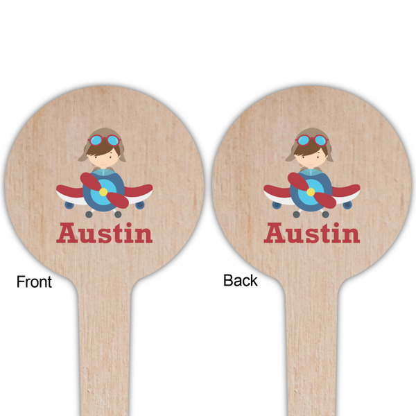 Airplane & Pilot Wooden 4" Food Pick - Round - Double Sided - Front & Back