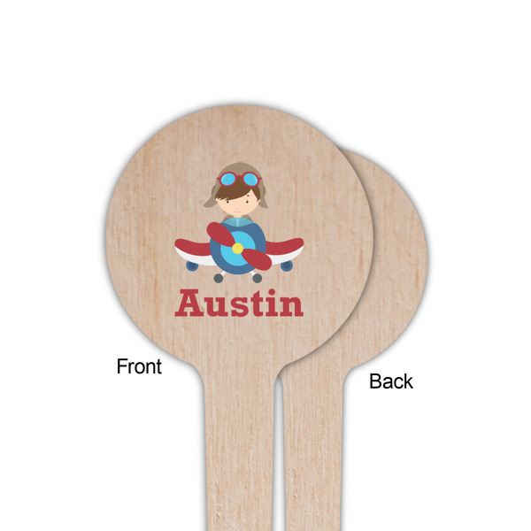 Airplane & Pilot Wooden 4" Food Pick - Round - Single Sided - Front & Back