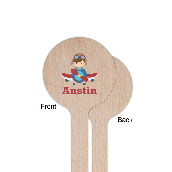 Airplane & Pilot Wooden 6" Stir Stick - Round - Single Sided - Front & Back