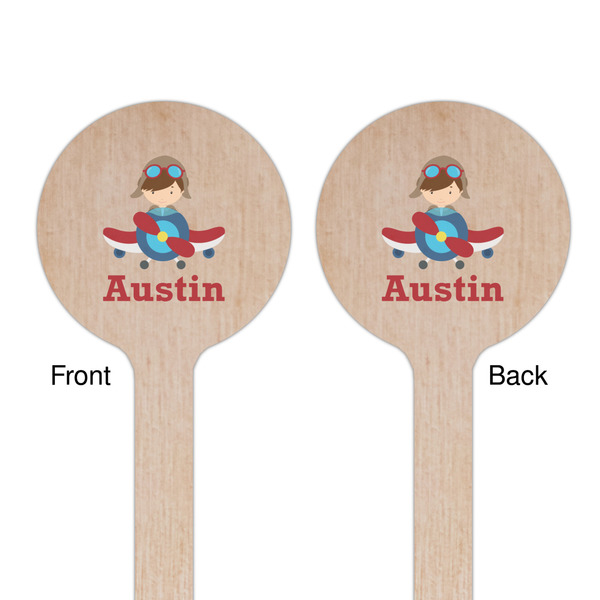 Airplane & Pilot Wooden 7.5" Stir Stick - Round - Double Sided - Front & Back
