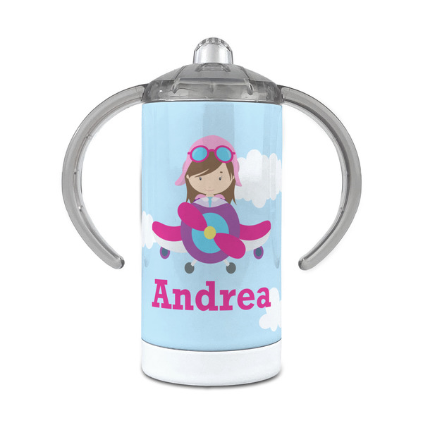 Custom Airplane & Girl Pilot 12 oz Stainless Steel Sippy Cup (Personalized)