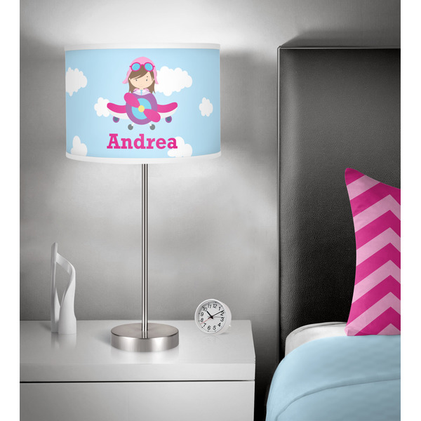 Airplane & Girl Pilot 13 inch drum lamp shade - in room