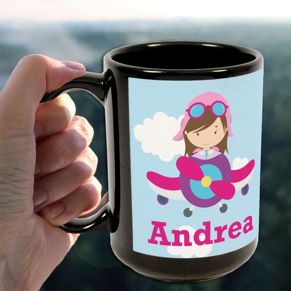 Airplane & Girl Pilot 15oz. Black Mug - LIFESTYLE