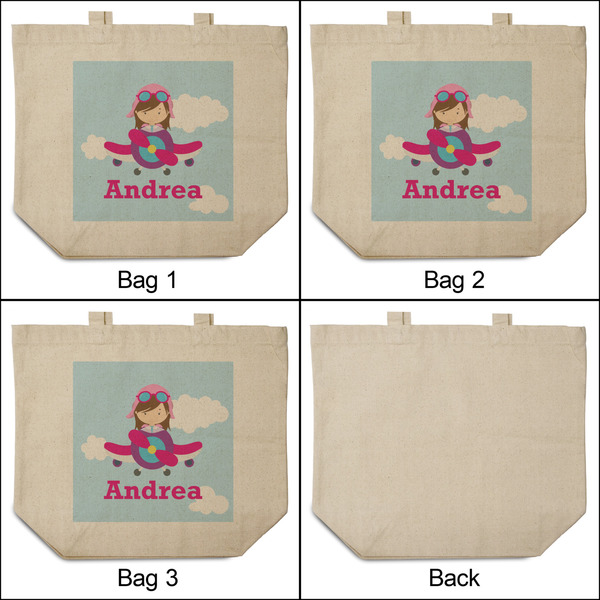 Airplane & Girl Pilot 3 Reusable Cotton Grocery Bags - Front & Back View