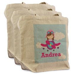 Airplane & Girl Pilot Reusable Cotton Grocery Bags - Set of 3 (Personalized)