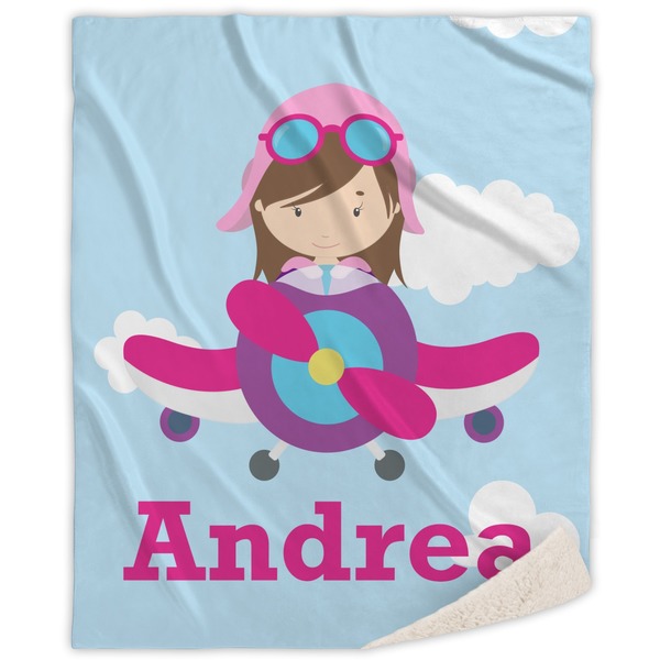 Custom Airplane & Girl Pilot Sherpa Throw Blanket (Personalized)