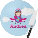 Airplane & Girl Pilot Round Glass Cutting Board - Small (Personalized)