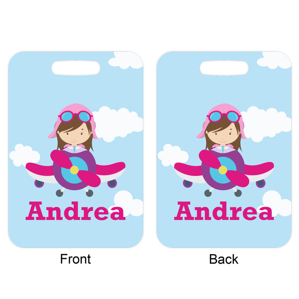 Airplane & Girl Pilot Aluminum Luggage Tag (Front + Back)