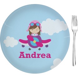 Airplane & Girl Pilot 8" Glass Appetizer / Dessert Plates - Single or Set (Personalized)