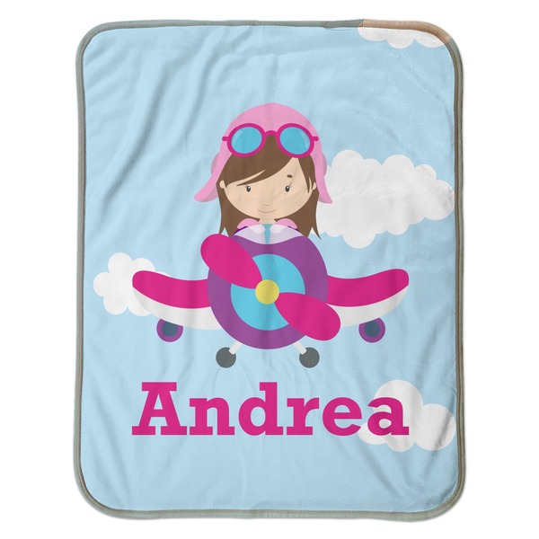 Airplane & Girl Pilot Baby Sherpa Blanket - Flat
