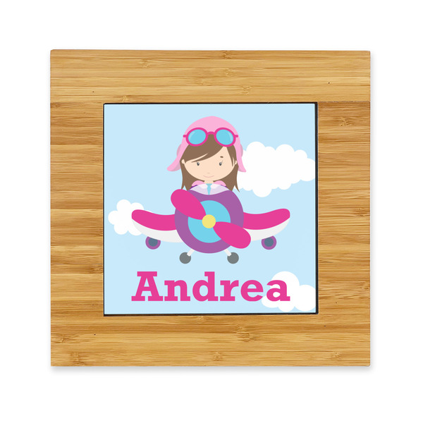 Custom Airplane & Girl Pilot Bamboo Trivet with Ceramic Tile Insert (Personalized)