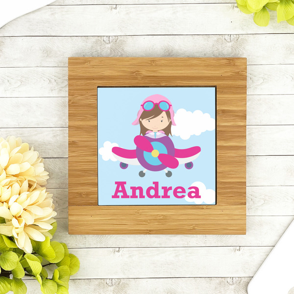 Airplane & Girl Pilot Bamboo Trivet with 6" Tile - LIFESTYLE