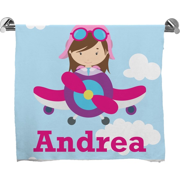 Custom Airplane & Girl Pilot Bath Towel (Personalized)