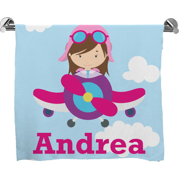 Custom Airplane & Girl Pilot Bath Towel (Personalized)
