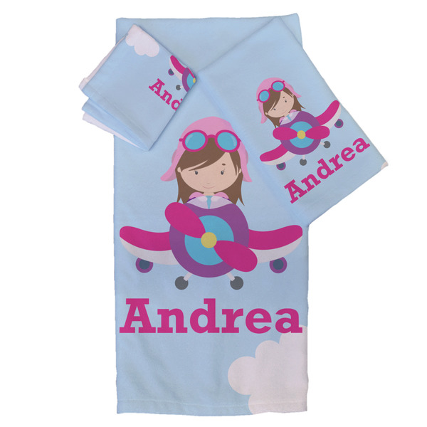 Custom Airplane & Girl Pilot Bath Towel Set - 3 Pcs (Personalized)