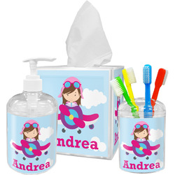Airplane & Girl Pilot Acrylic Bathroom Accessories Set w/ Name or Text