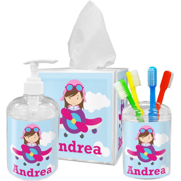 Custom Airplane & Girl Pilot Acrylic Bathroom Accessories Set w/ Name or Text