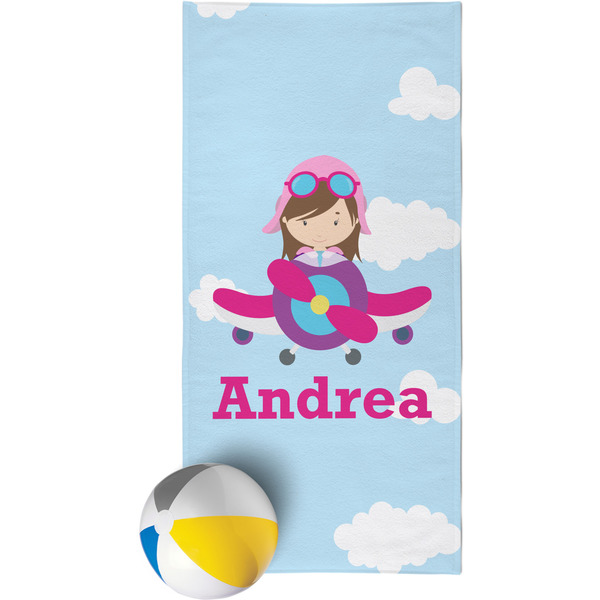 Custom Airplane & Girl Pilot Beach Towel (Personalized)