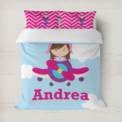 Airplane & Girl Pilot Duvet Cover Set - Full / Queen (Personalized)