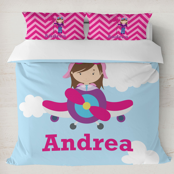 Custom Airplane & Girl Pilot Duvet Cover Set - King (Personalized)