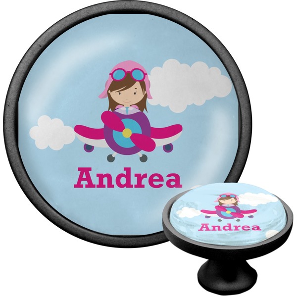 Custom Airplane & Girl Pilot Cabinet Knob (Black) (Personalized)