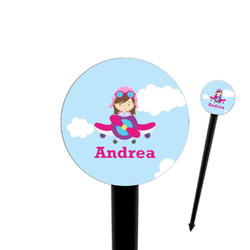 Airplane & Girl Pilot 4" Round Plastic Food Picks - Black - Double Sided (Personalized)