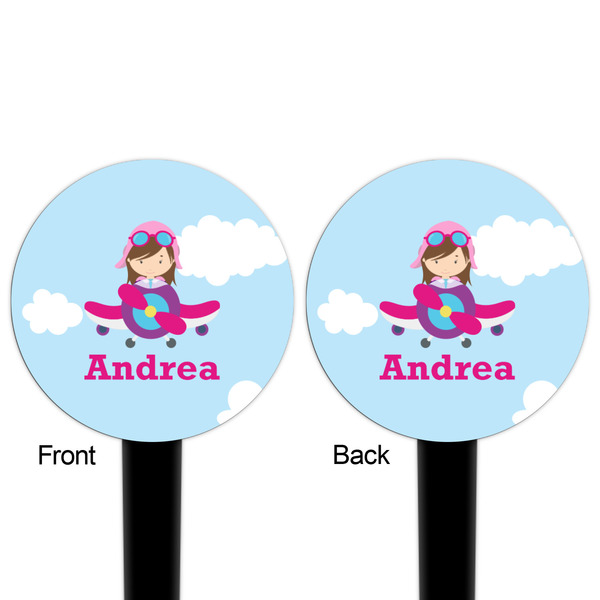 Airplane & Girl Pilot Black Plastic 4" Food Pick - Round - Double Sided - Front & Back