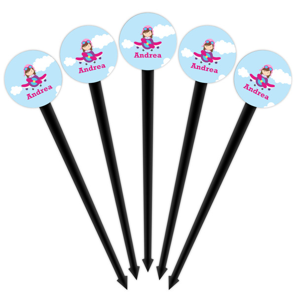 Airplane & Girl Pilot Black Plastic 4" Food Pick - Round - Fan View