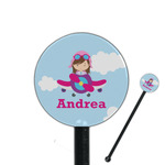 Airplane & Girl Pilot 5.5" Round Plastic Stir Sticks - Black - Single Sided (Personalized)