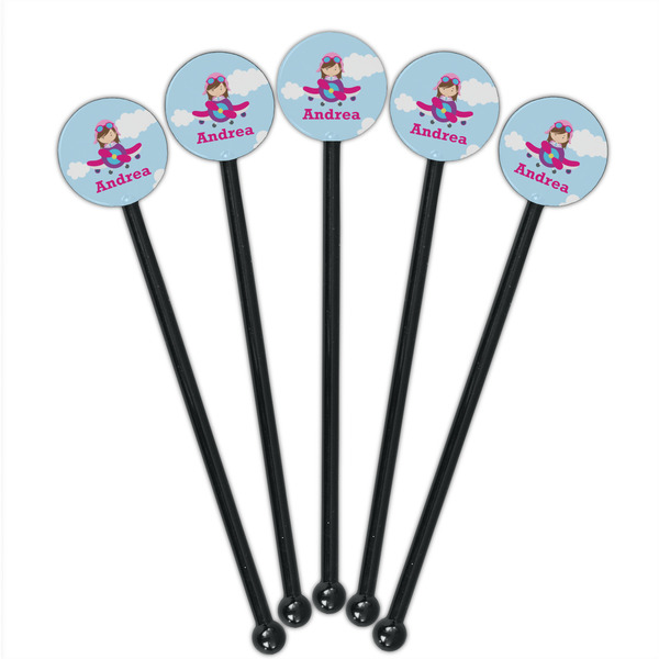 Airplane & Girl Pilot Black Plastic 5.5" Stir Stick - Round - Fan View