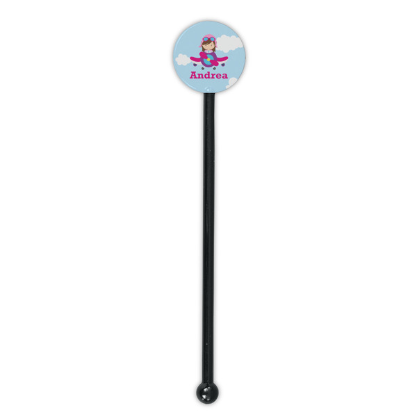 Airplane & Girl Pilot Black Plastic 5.5" Stir Stick - Round - Single Stick
