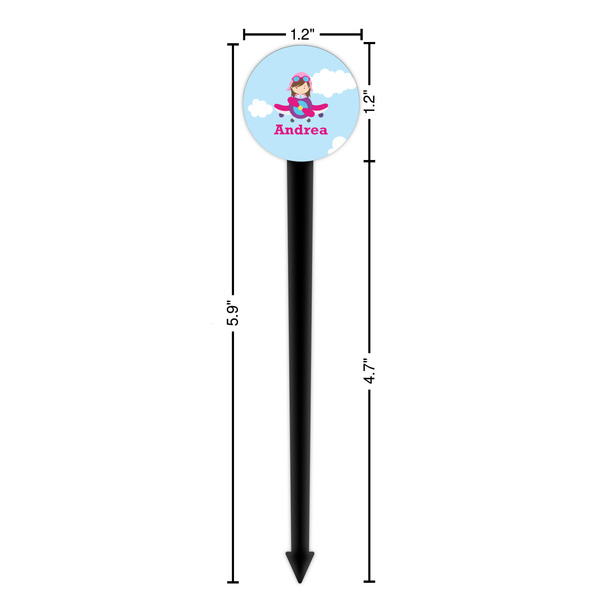 Airplane & Girl Pilot Black Plastic 6" Food Pick - Round - Dimensions