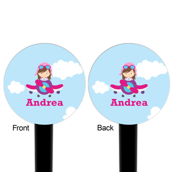 Airplane & Girl Pilot Black Plastic 6" Food Pick - Round - Double Sided - Front & Back