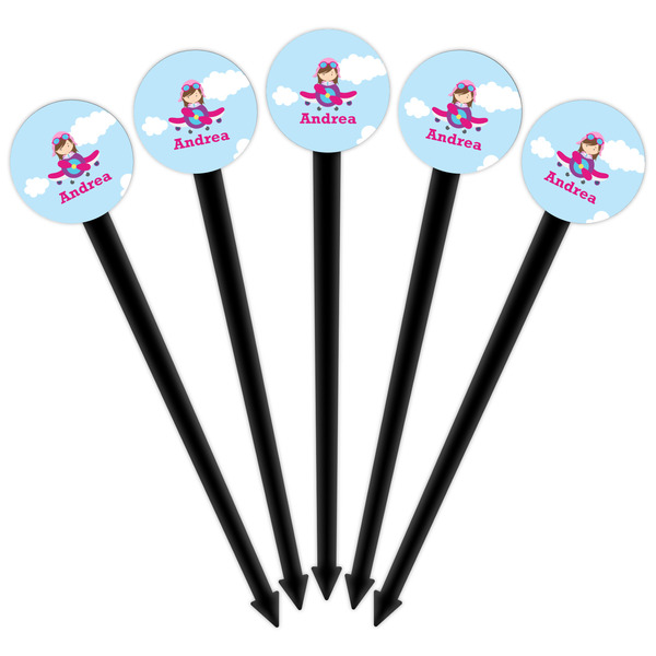Airplane & Girl Pilot Black Plastic 6" Food Pick - Round - Fan View