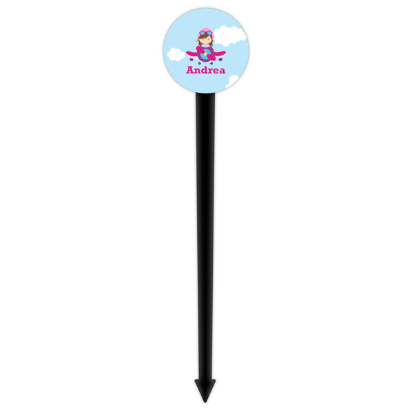 Airplane & Girl Pilot Black Plastic 6" Food Pick - Round - Single Pick