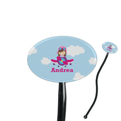 Airplane & Girl Pilot 7" Oval Plastic Stir Sticks - Black - Single Sided (Personalized)