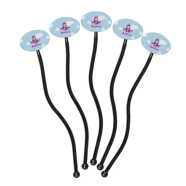 Airplane & Girl Pilot Black Plastic 7" Stir Stick - Oval - Fan