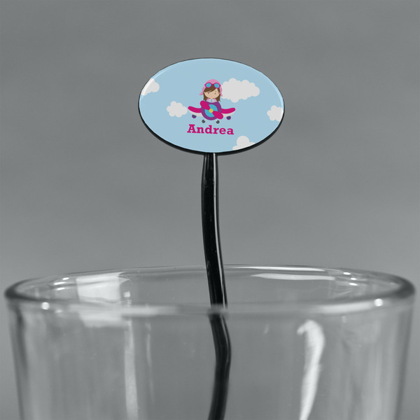 Airplane & Girl Pilot Black Plastic 7" Stir Stick - Oval - Main
