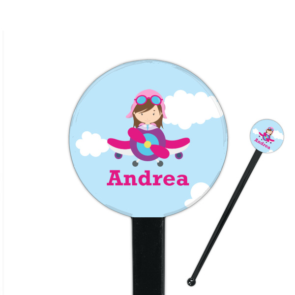 Custom Airplane & Girl Pilot 7" Round Plastic Stir Sticks - Black - Single Sided (Personalized)