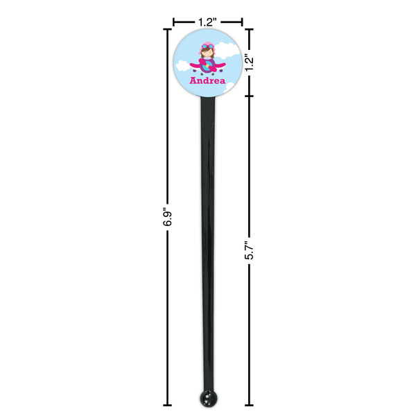 Airplane & Girl Pilot Black Plastic 7" Stir Stick - Round - Dimensions