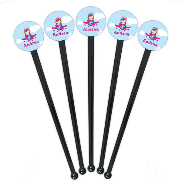 Airplane & Girl Pilot Black Plastic 7" Stir Stick - Round - Fan View