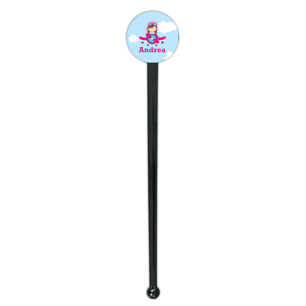 Airplane & Girl Pilot Black Plastic 7" Stir Stick - Round - Single Stick