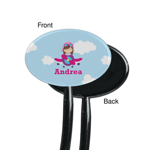 Airplane & Girl Pilot Black Plastic 7" Stir Stick - Single Sided - Oval - Front & Back