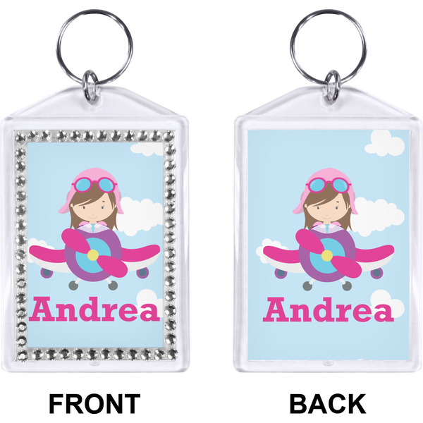 Airplane & Girl Pilot Bling Keychain (Front + Back)